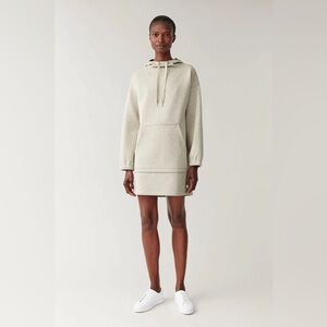 COS Scuba Hooded Dress M/L Kangaroo Pocket Grey Cream Drawstring Hood Modern